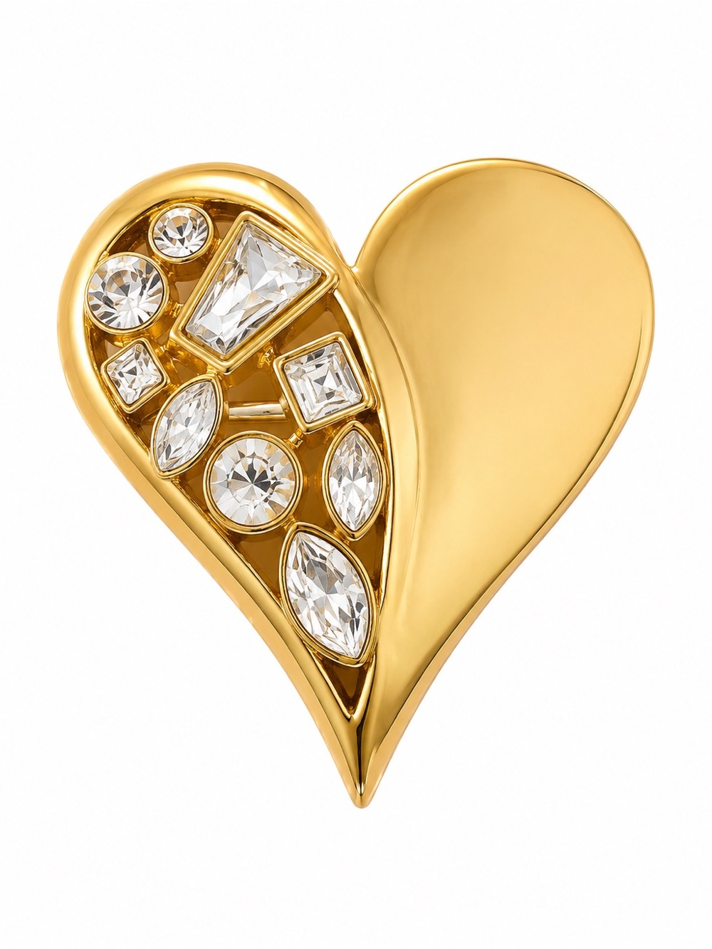 Vintage Gold Tone Heart Brooch / Pendant with Clear‎ Rhinestones
